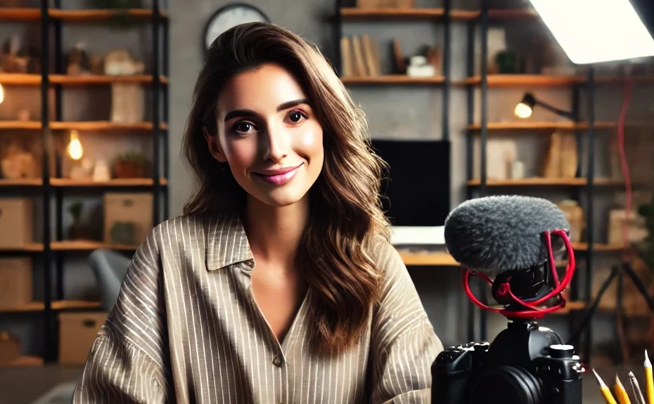 A professional photo of a content video creator in a studio. The creator is sitting at a desk with a camera, microphone, and computer in front of them