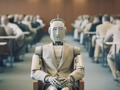 A robot waiting in a modern office for a job interview. Generative AI